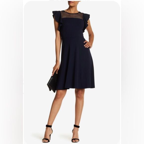 Taylor Dresses & Skirts - Taylor navy flutter sleeve lace yoke stretch dress size 16W